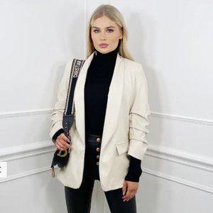 Ruched Sleeve Cream Blazer